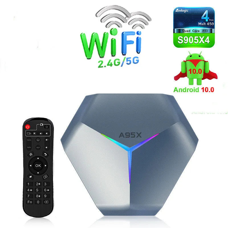 Android 8K TV set-top box with remote control, HD cable, and international power adapter options.