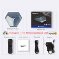 Android 8K TV set-top box with remote control, HD cable, and international power adapter options.