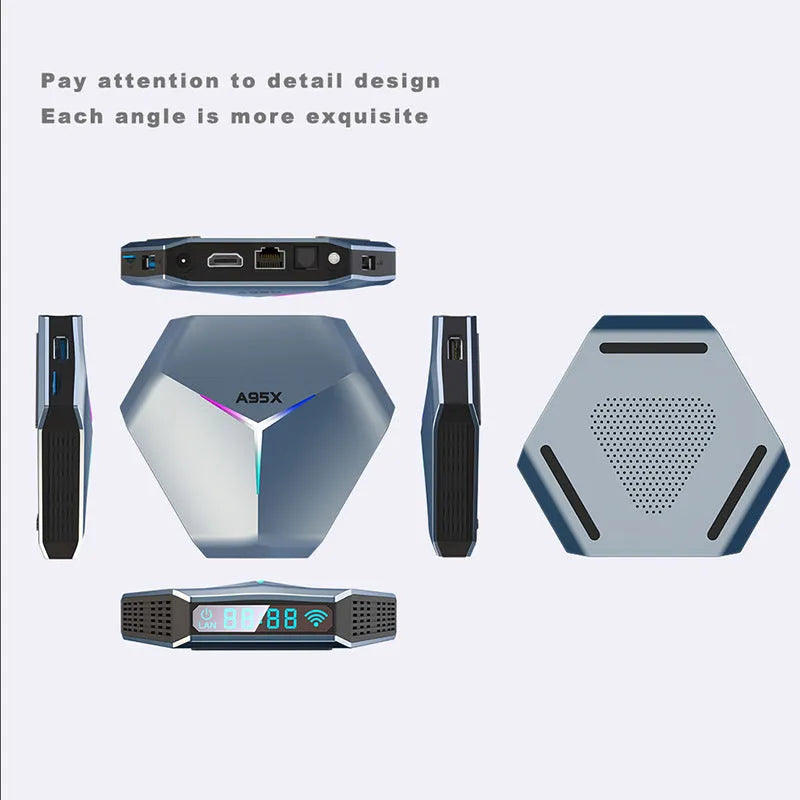 Android 8K TV set-top box with remote control, HD cable, and international power adapter options.