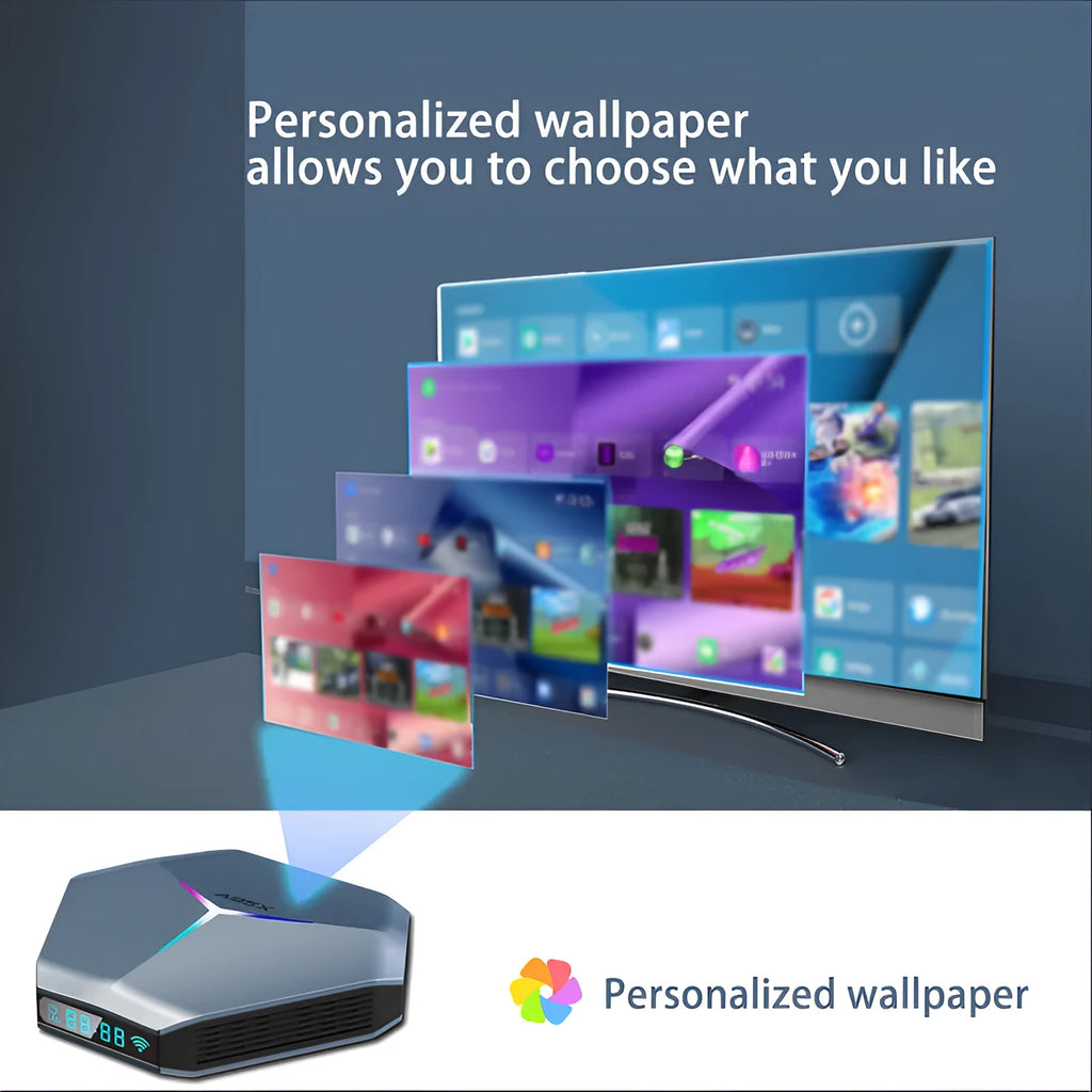 Android 8K TV set-top box with remote control, HD cable, and international power adapter options.