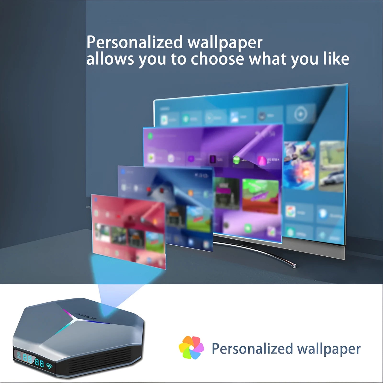 Android 8K TV set-top box with remote control, HD cable, and international power adapter options.