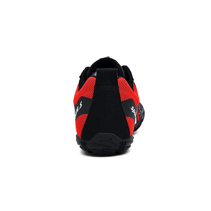Casual outdoor wading shoes with mesh upper and rubber sole in black, orange, and red colours