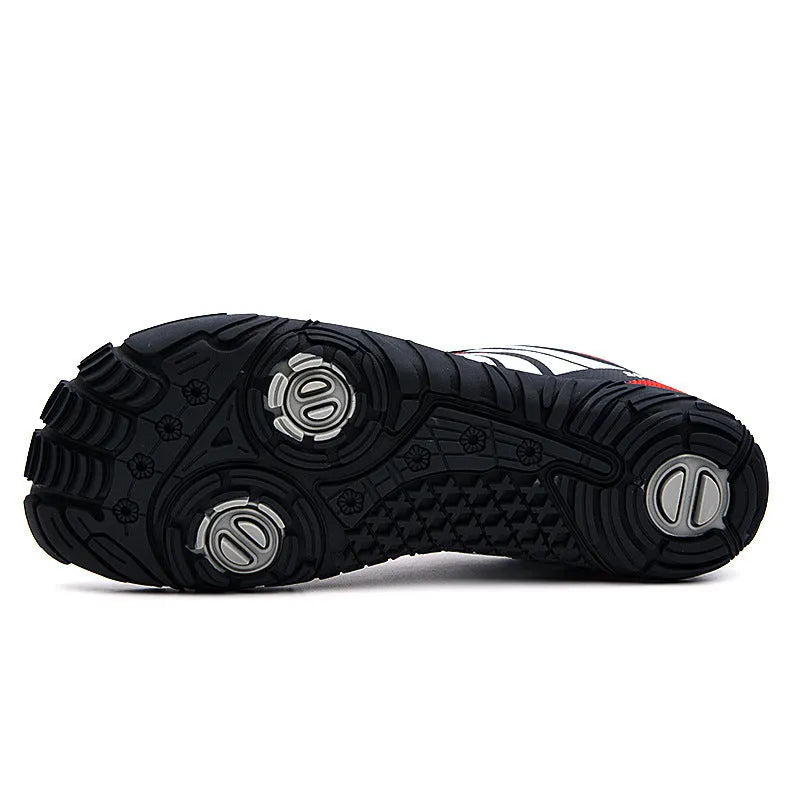 Casual outdoor wading shoes with mesh upper and rubber sole in black, orange, and red colours
