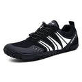 Casual outdoor wading shoes with mesh upper and rubber sole in black, orange, and red colours