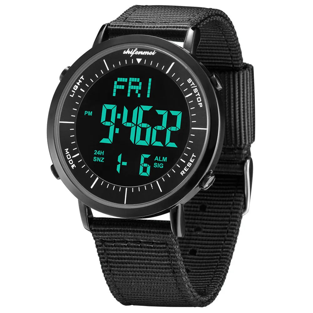 Shifenmei sports digital watch with black digital display showing time, casual style band