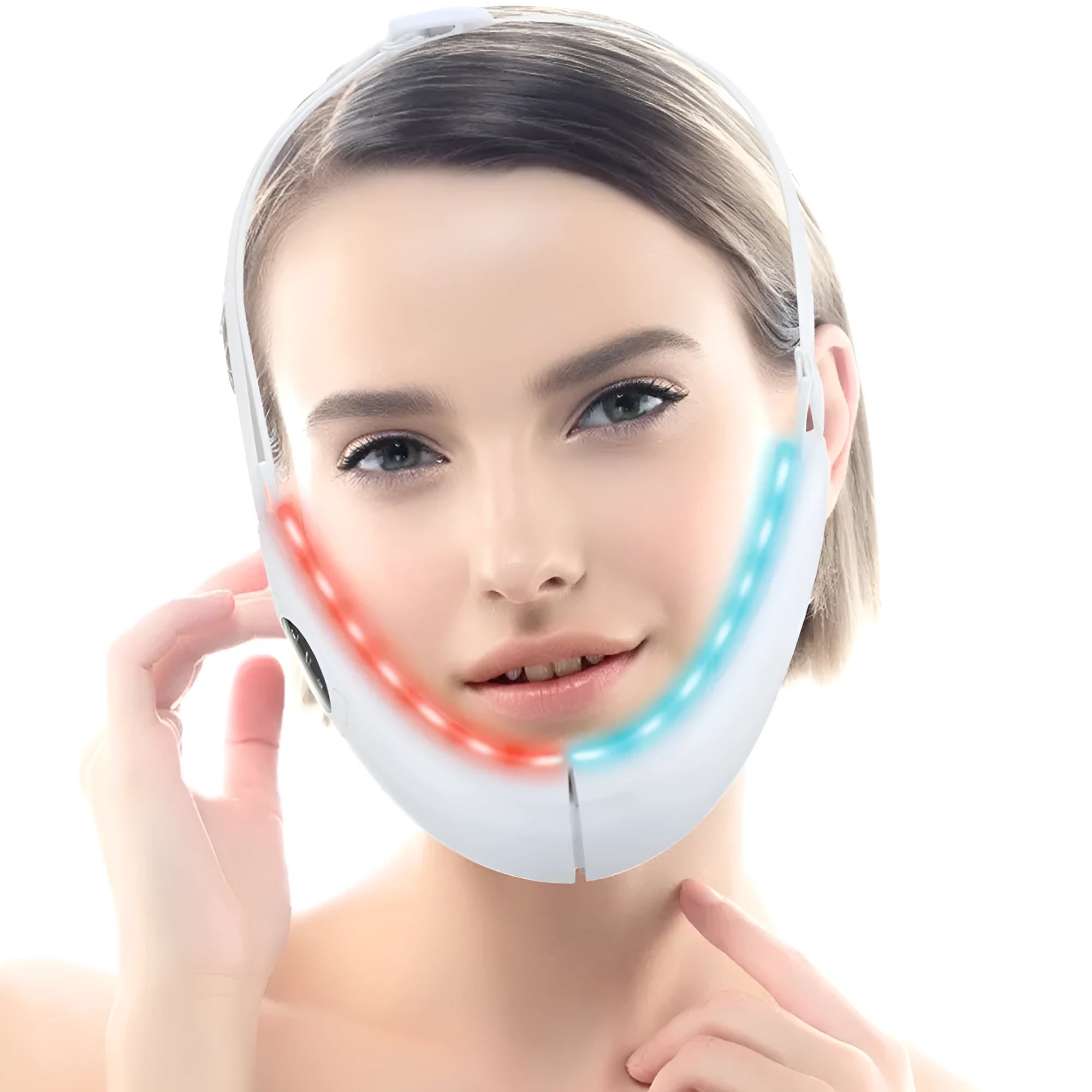 White ABS plastic facial lifting device with red and blue light therapy for home skincare