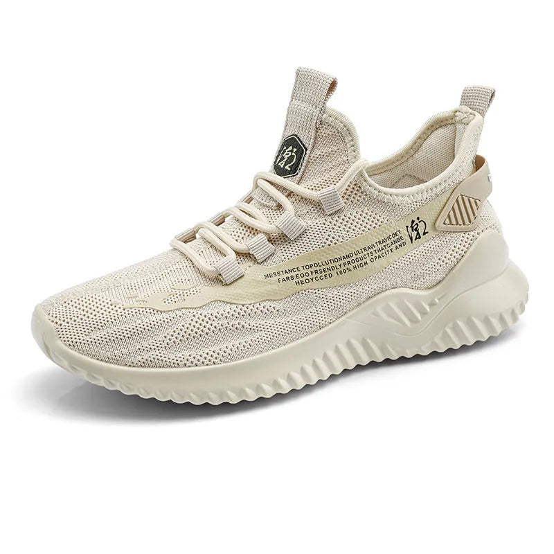 Men's white mesh sports shoes with round toe and rubber sole