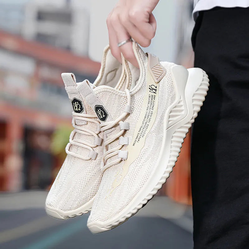 Men's white mesh sports shoes with round toe and rubber sole