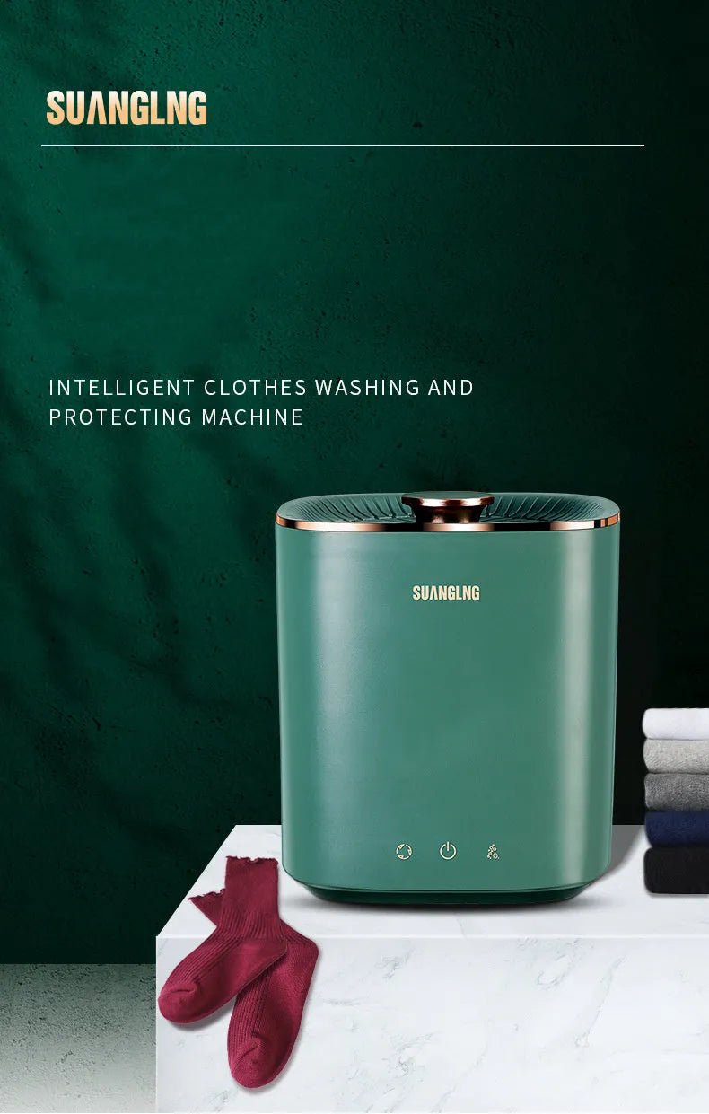 Green or white mini portable automatic washing machine for underwear and socks on a counter.