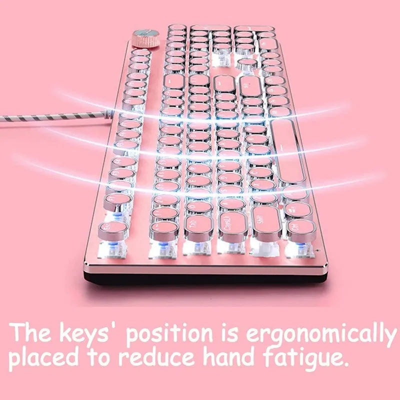 Silver and pink mechanical keyboard with green switches and white backlighting