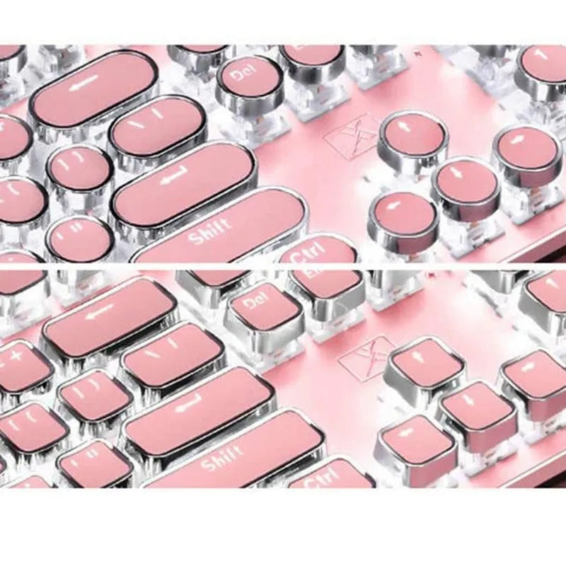 Silver and pink mechanical keyboard with green switches and white backlighting