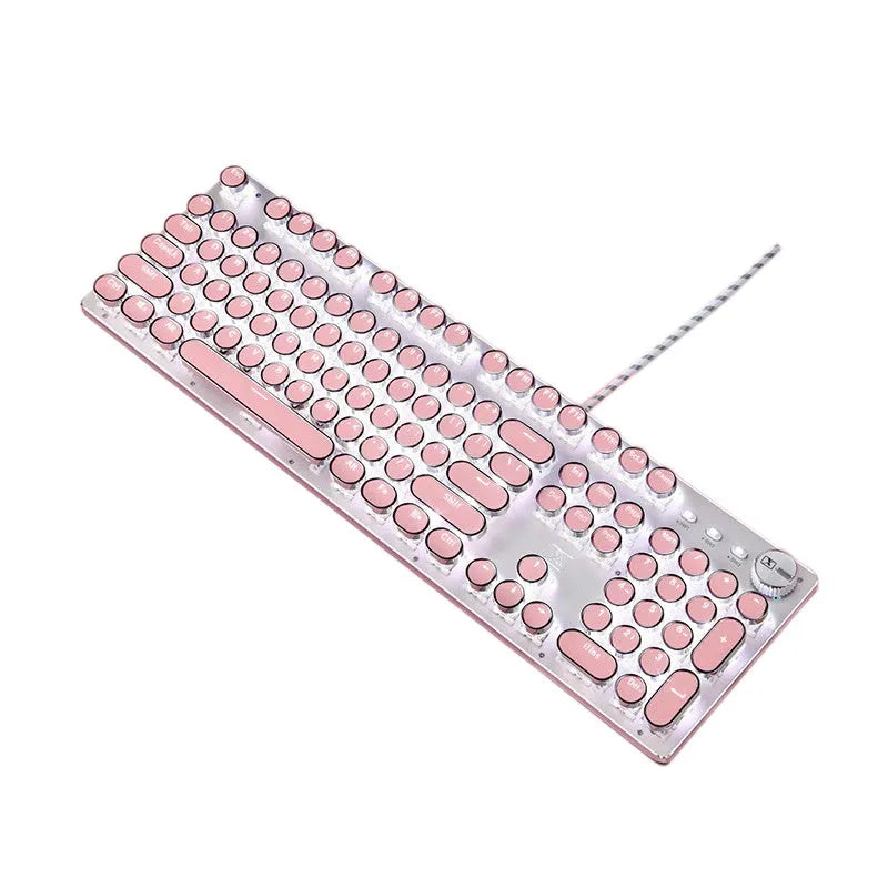 Silver and pink mechanical keyboard with green switches and white backlighting