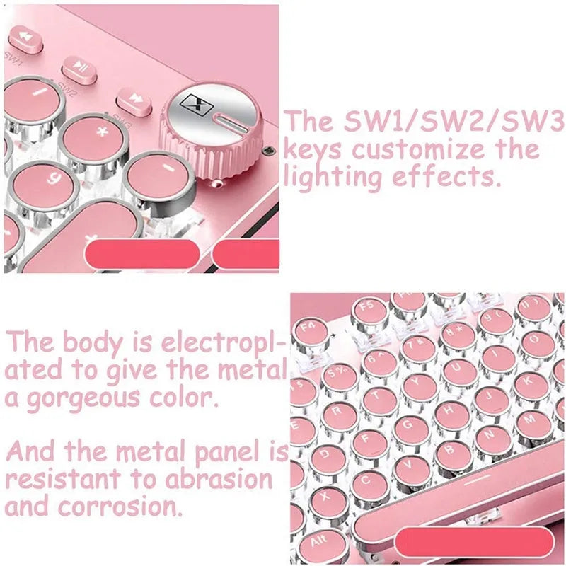 Silver and pink mechanical keyboard with green switches and white backlighting