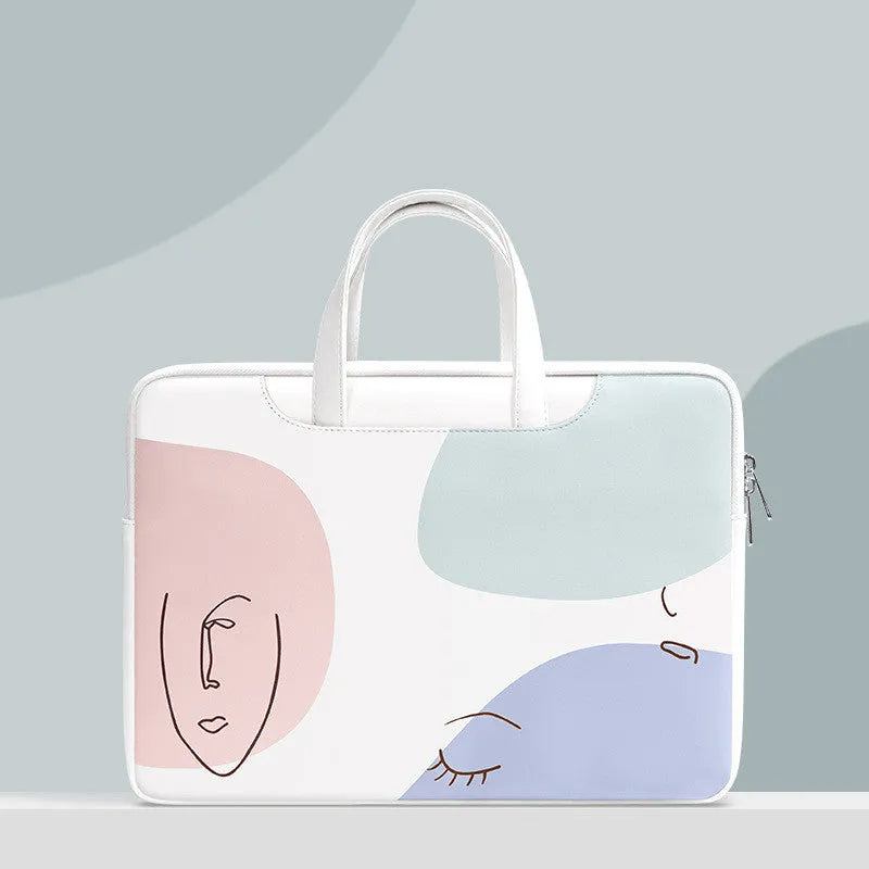 Blue PU leather laptop bag for girls with a soft handle and zip, shown with a 15.6-inch laptop.