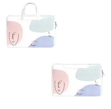 Blue PU leather laptop bag for girls with a soft handle and zip, shown with a 15.6-inch laptop.