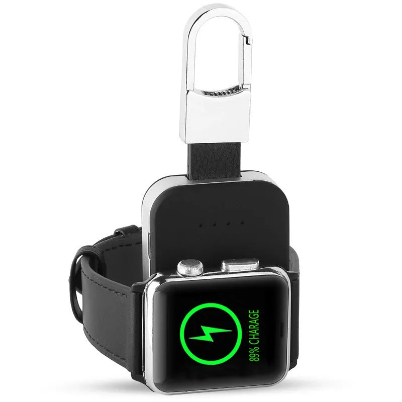 Black Apple Watch magnetic wireless charging power bank on a keyring, showing compact rectangular design.
