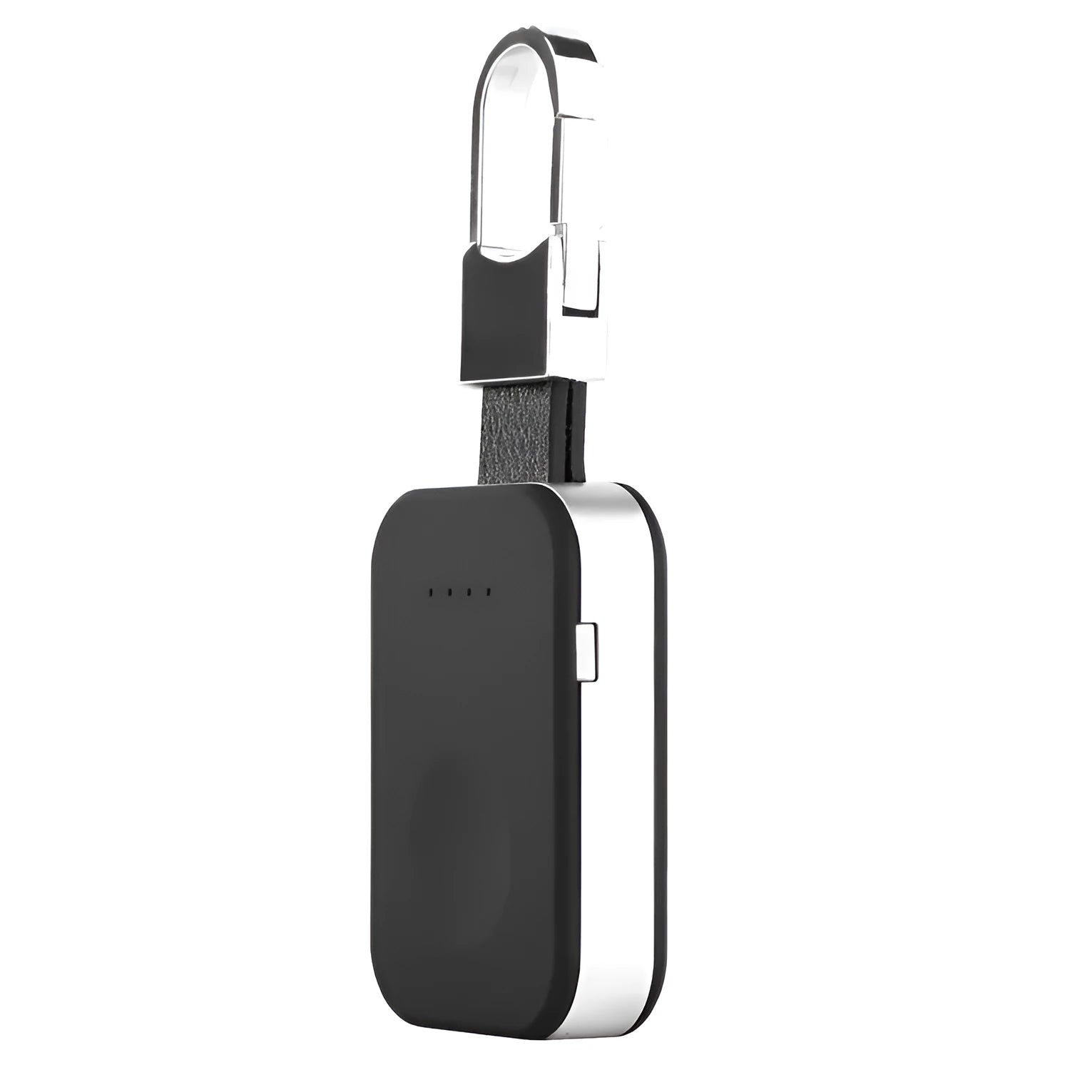 Black Apple Watch magnetic wireless charging power bank on a keyring, showing compact rectangular design.