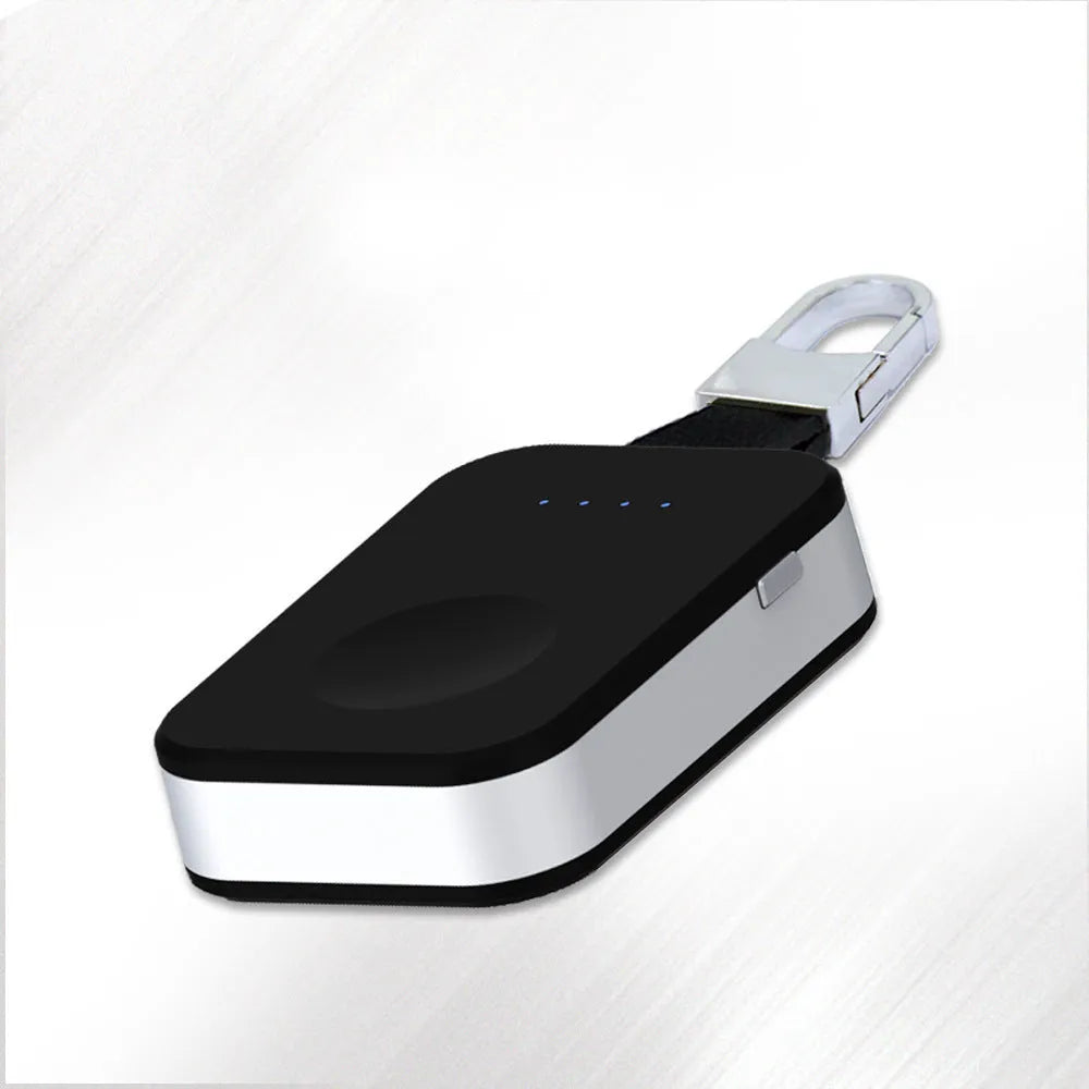 Black Apple Watch magnetic wireless charging power bank on a keyring, showing compact rectangular design.