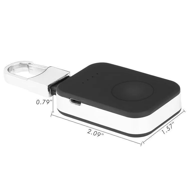 Black Apple Watch magnetic wireless charging power bank on a keyring, showing compact rectangular design.