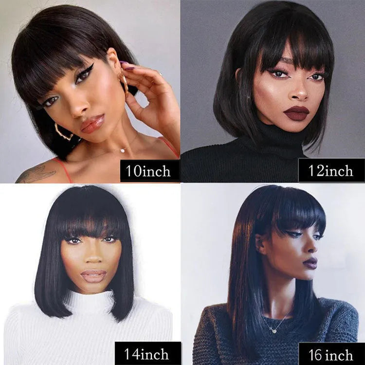 Unice Hair black real human hair wig showing 10 inch length and machine wefted construction.