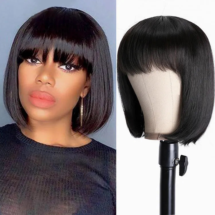 Unice Hair black real human hair wig showing 10 inch length and machine wefted construction.