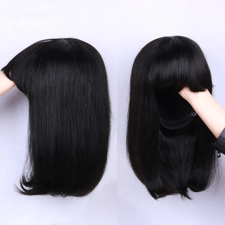 Unice Hair black real human hair wig showing 10 inch length and machine wefted construction.