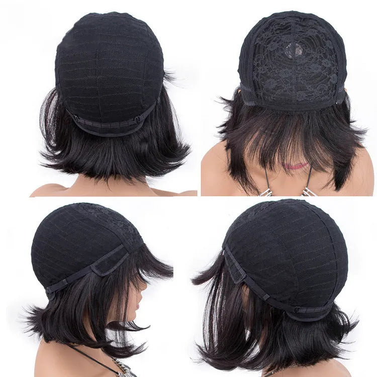 Unice Hair black real human hair wig showing 10 inch length and machine wefted construction.