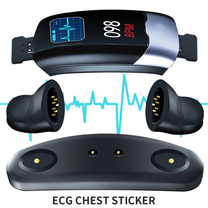 Smart fitness tracker watch with digital display showing heart rate and blood pressure metrics