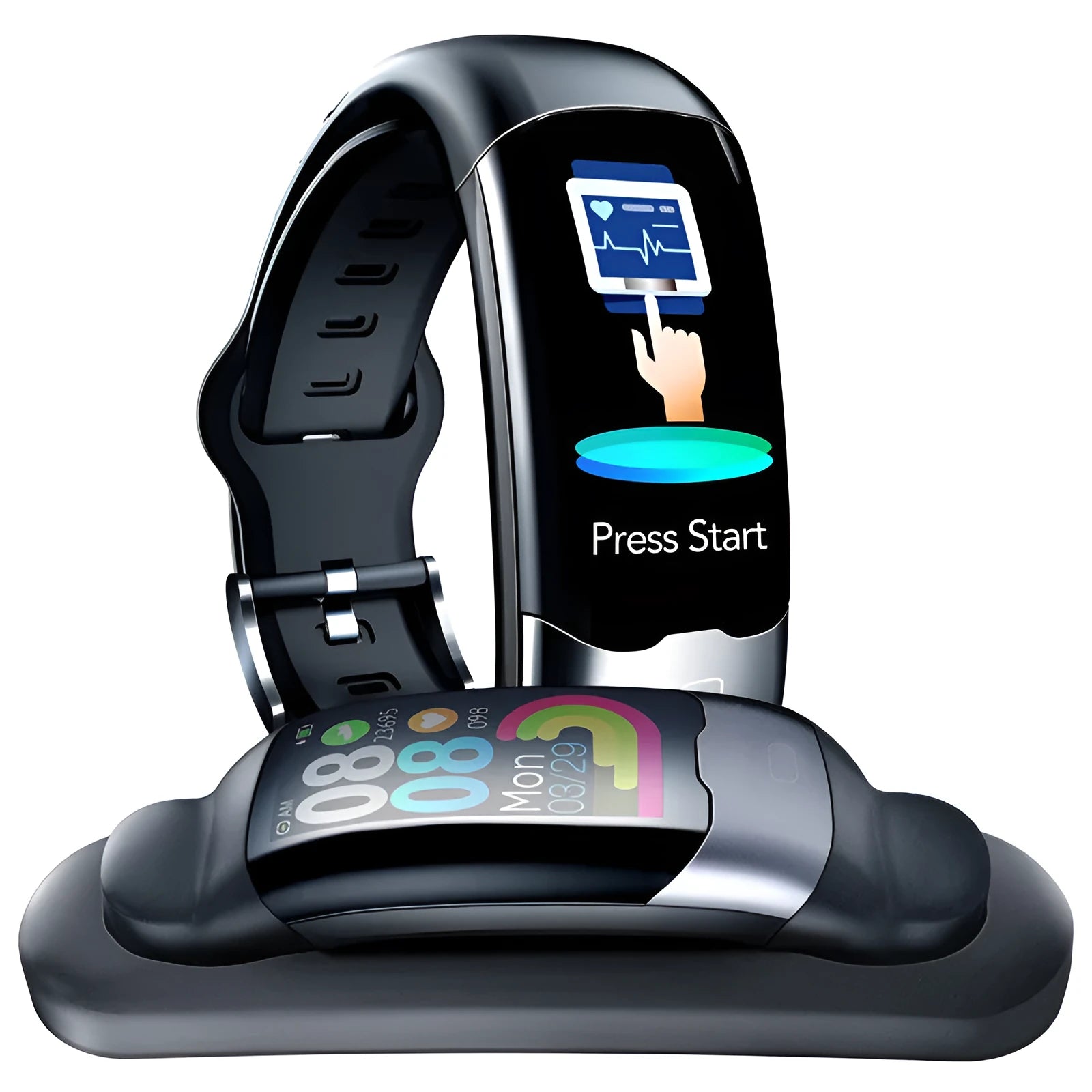 Smart fitness tracker watch with digital display showing heart rate and blood pressure metrics