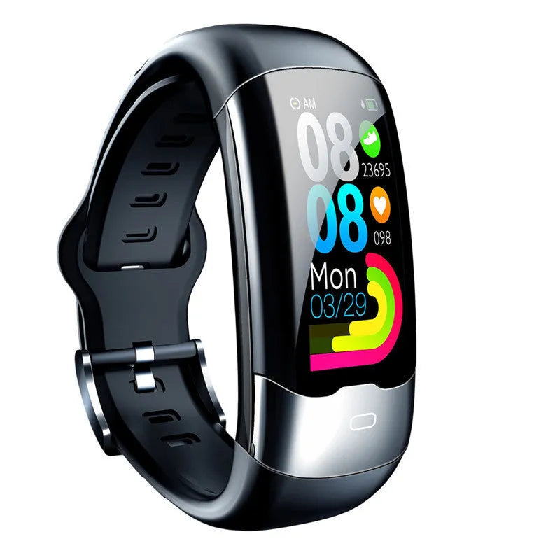 Smart fitness tracker watch with digital display showing heart rate and blood pressure metrics
