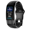 Smart health monitoring bracelet on wrist showing body temperature and ECG data on its 0.96-inch screen.