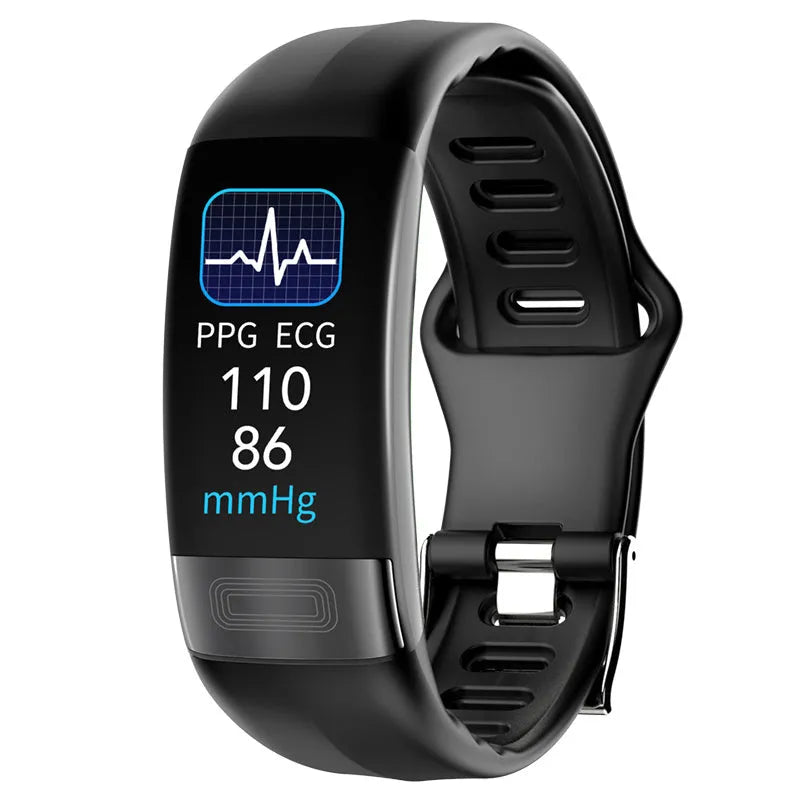 Smart health monitoring bracelet on wrist showing body temperature and ECG data on its 0.96-inch screen.