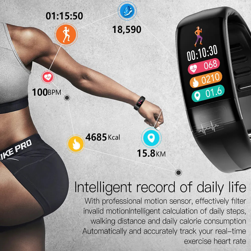 Smart health monitoring bracelet on wrist showing body temperature and ECG data on its 0.96-inch screen.