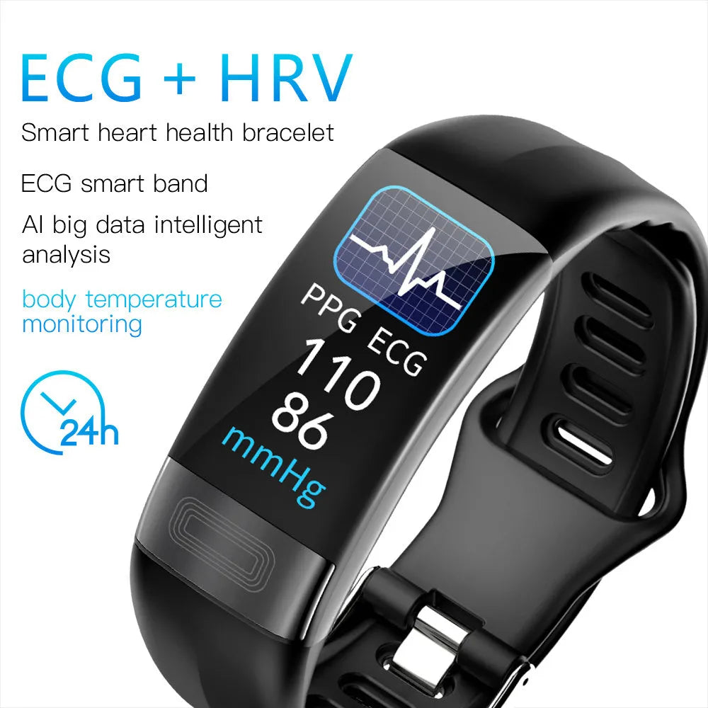 Smart health monitoring bracelet on wrist showing body temperature and ECG data on its 0.96-inch screen.