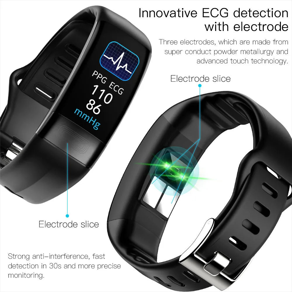 Smart health monitoring bracelet on wrist showing body temperature and ECG data on its 0.96-inch screen.