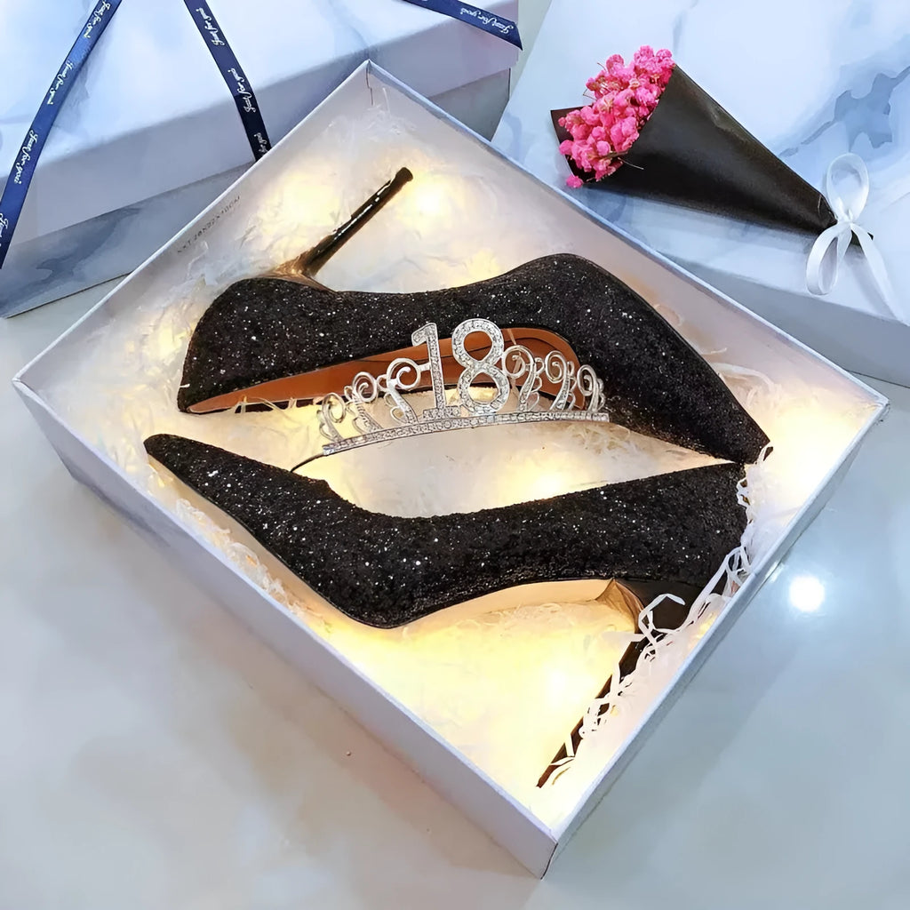 Women's crystal wedding shoes in black or silver with stiletto heels in 3cm, 7cm or 9cm heights