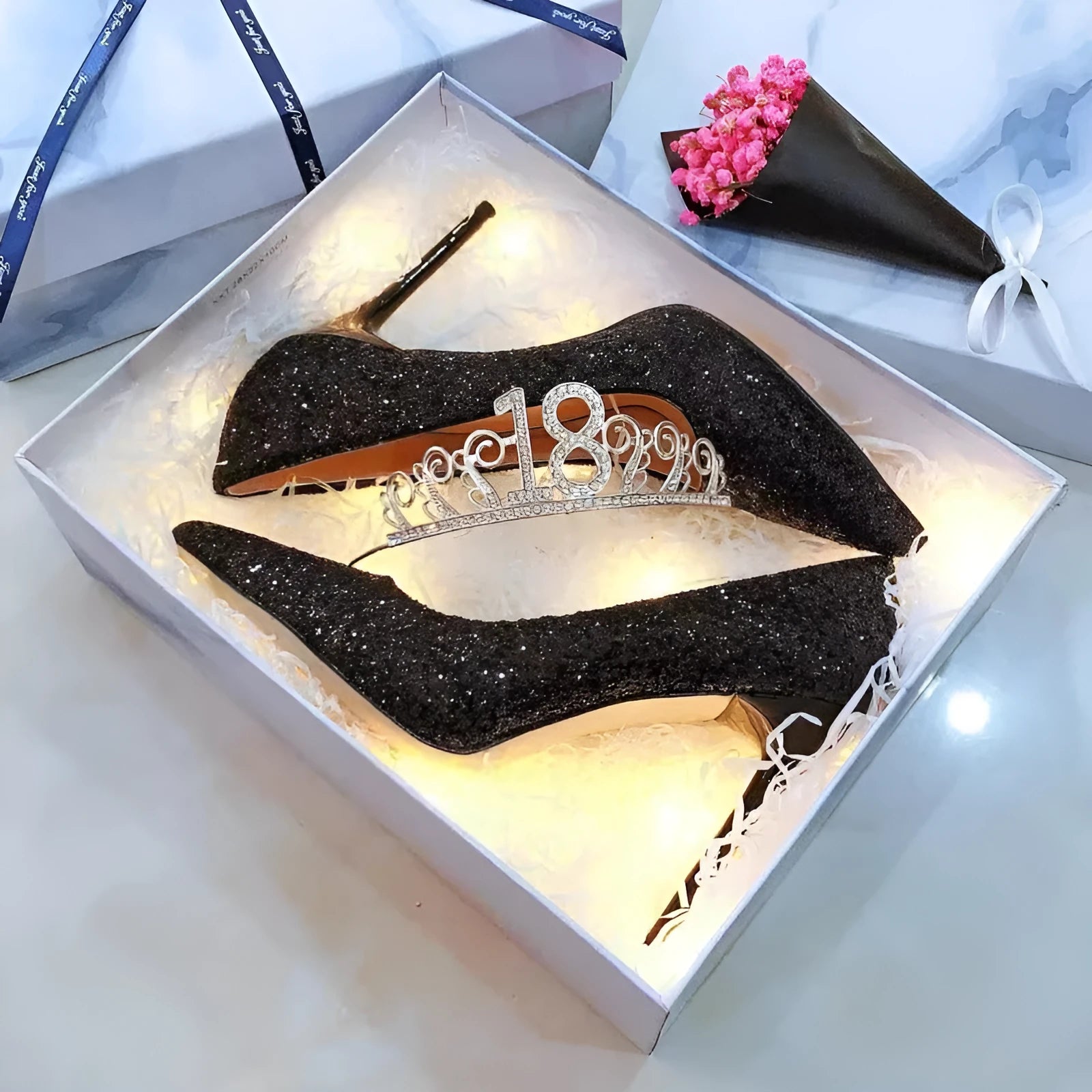 Women's crystal wedding shoes in black or silver with stiletto heels in 3cm, 7cm or 9cm heights