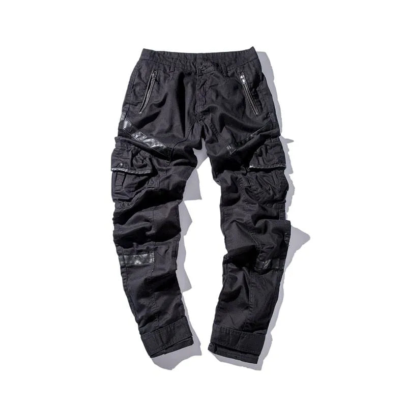 Black men's leather pocket splice cargo trousers with harem cut and long legs