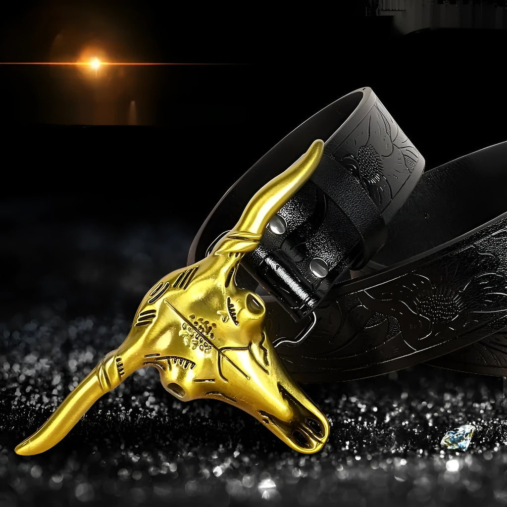 Men's black imitation leather belt with a detailed silver alloy cow head buckle shown fastened.