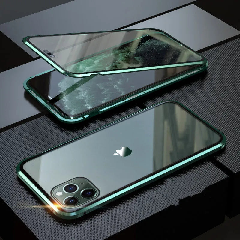 Geometric design aluminium clamshell phone case for iPhone with RFID blocking glass front in six colour options.