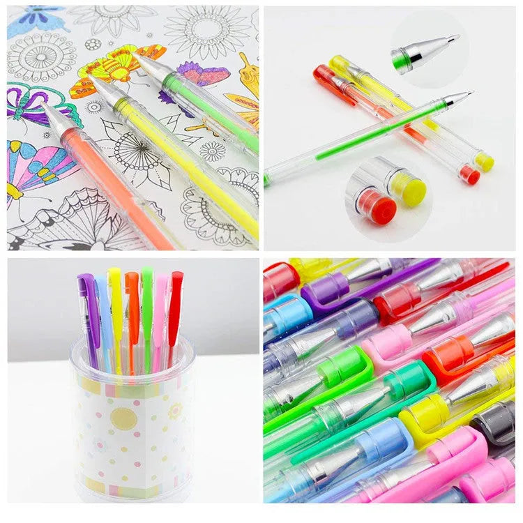 100 colour gel pen set with highlighter pens showing dual-tip sizes of 0.5mm and 1mm