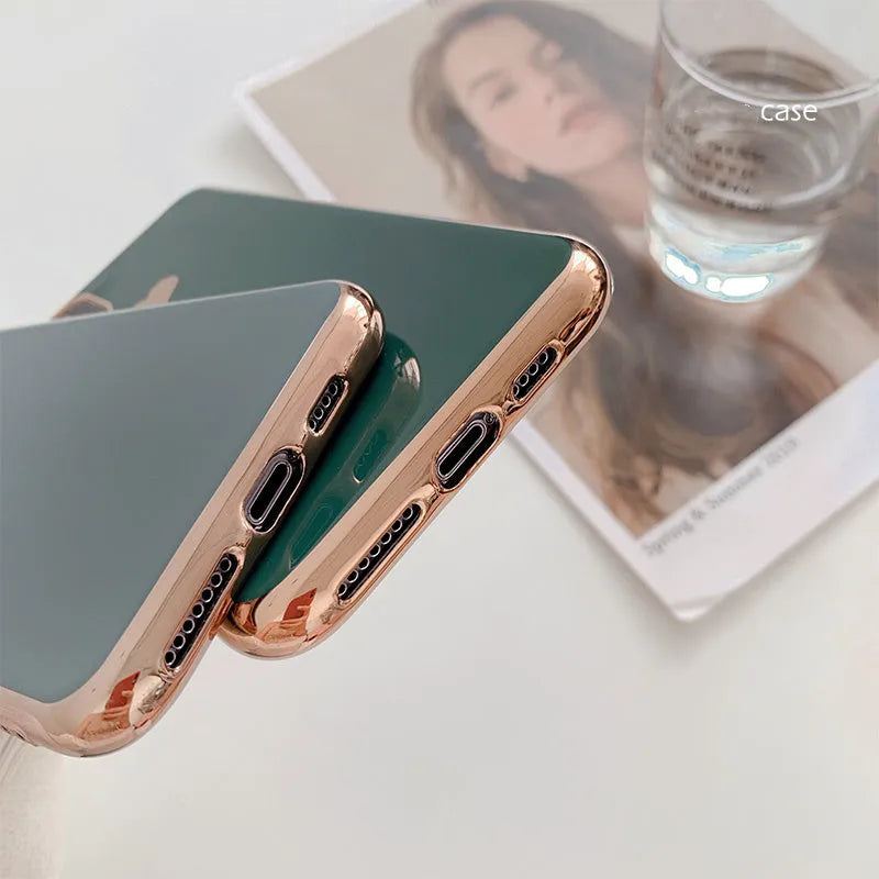 Slim TPU iPhone case in a solid colour with a luxury plating love design, shown fitted to a phone.