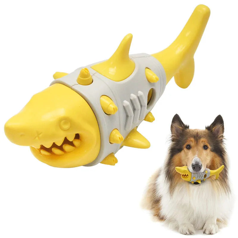 Blue shark-tooth textured dog teething toy with ventilation channels for puppy oral health