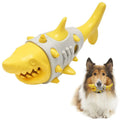Blue shark-tooth textured dog teething toy with ventilation channels for puppy oral health