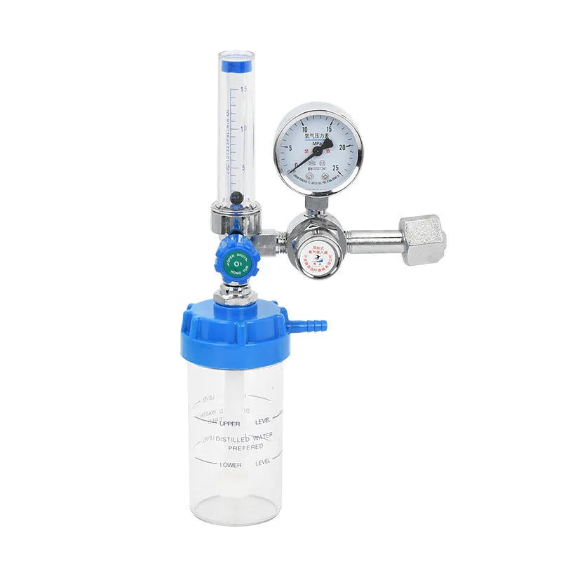 Blue oxygen pressure reducer with 0.25 MPa rated outlet on white background