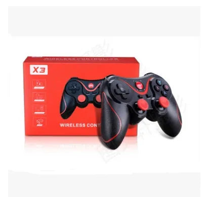 Upgraded X3 Bluetooth wireless game controller for Android phones, shown with optional mobile phone clip attached.