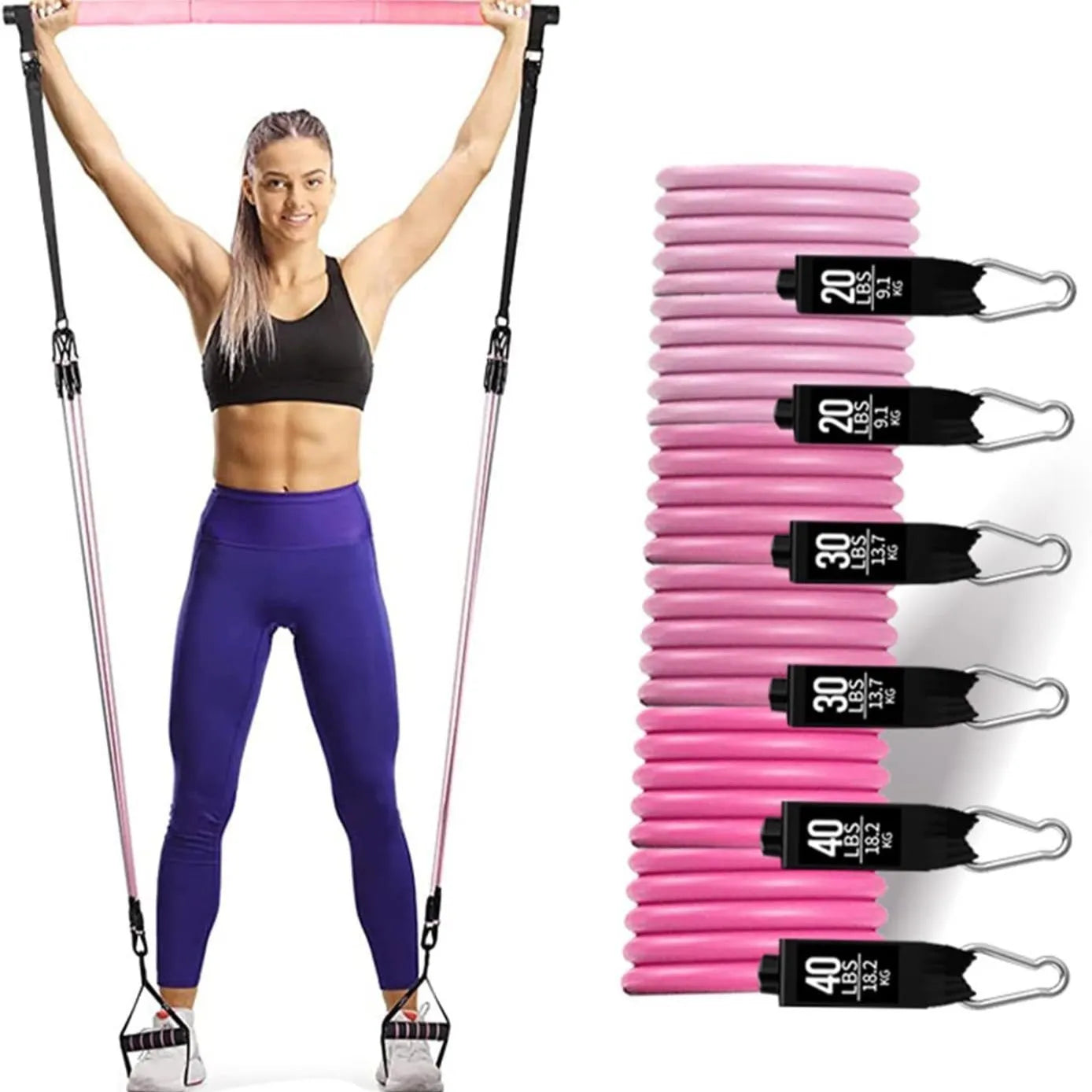 Yoga gymnastic bar set with 180 pounds reinforced resistance band pull rope in TPE material