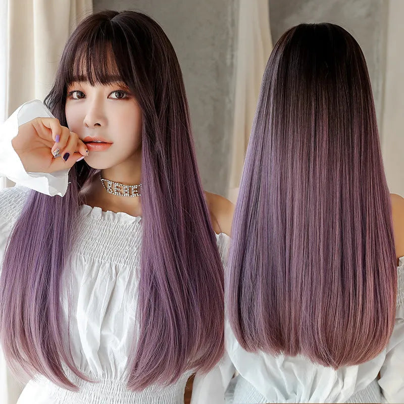 Long straight chemical fibre wig with black top net in pink purple three-colour gradient