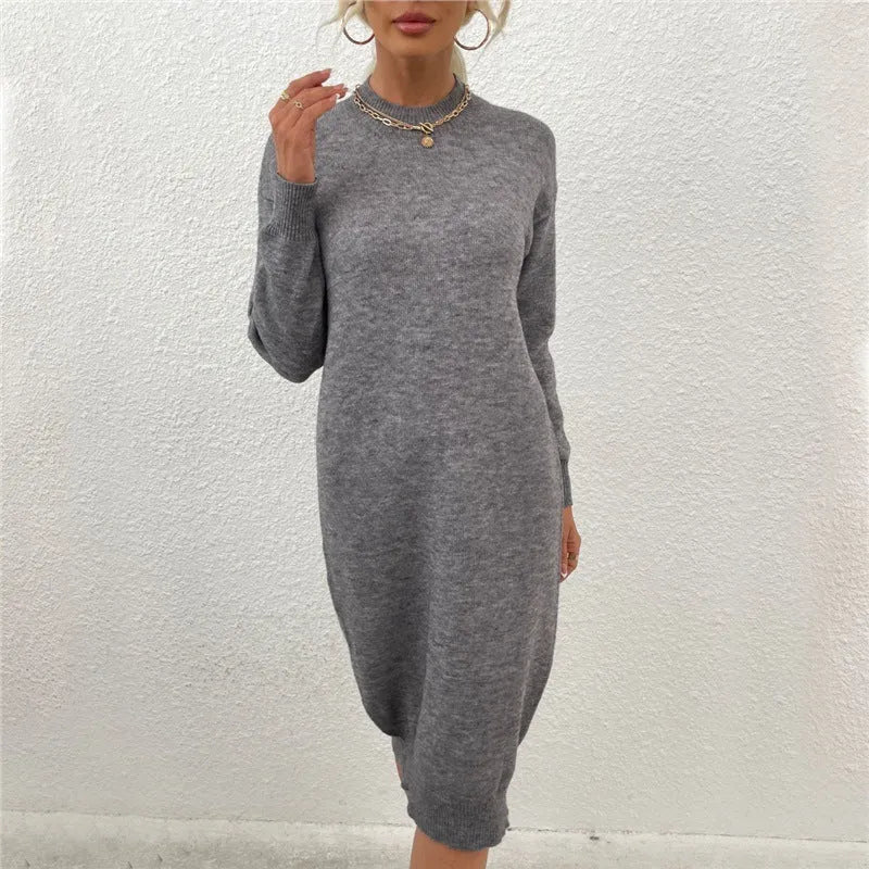 Women's grey crew neck acrylic pullover sweater with long sleeves
