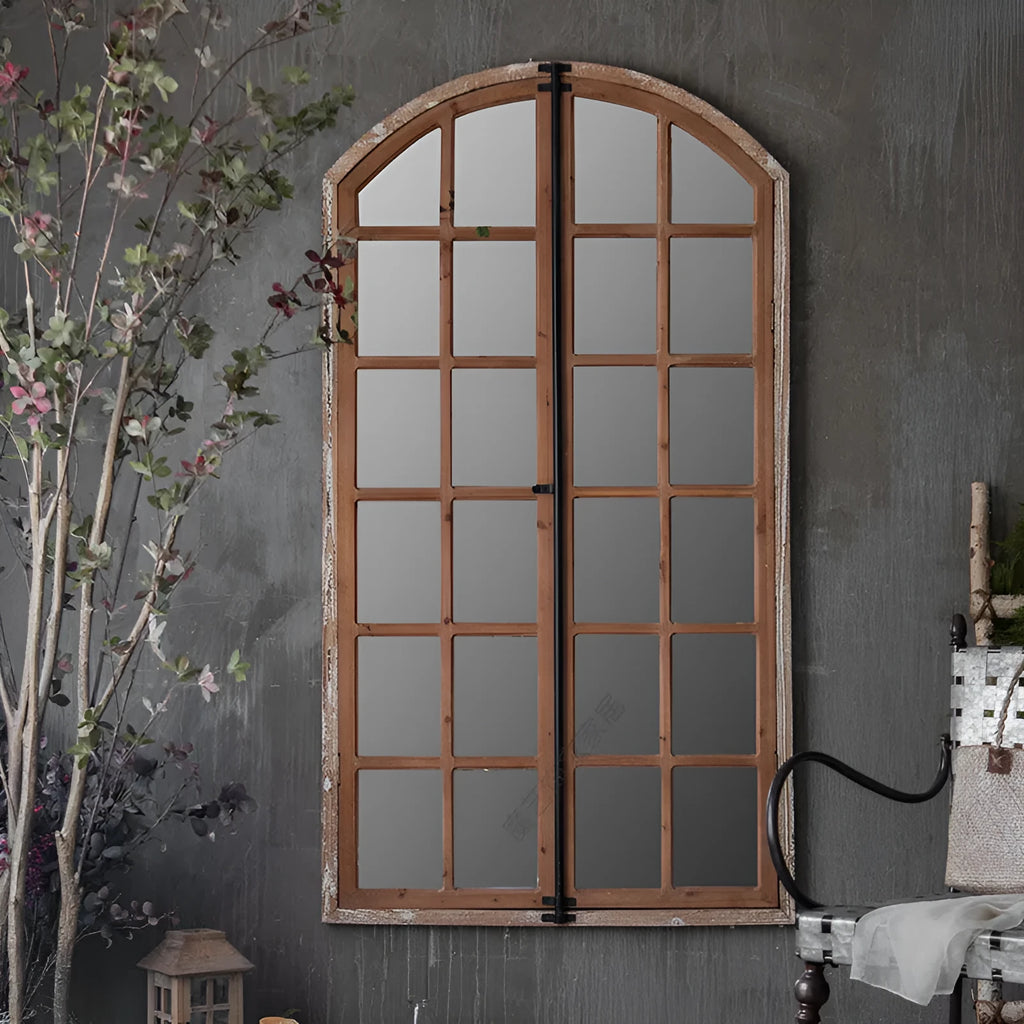 Terrace Distressed Fake Window Wall Mirror in log colour with wooden glass panel